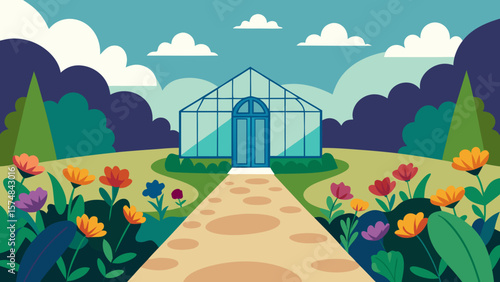 Vibrant summer landscape vector illustration: rolling hills, green meadows, a charming farm, and a fence under a clear sky