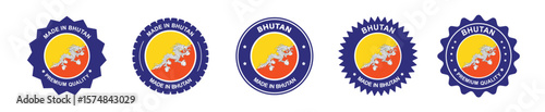 Set of bhutan product labels. Bhutanese flag, premium made in Bhutan. Label, seal, stamp, flag, icon