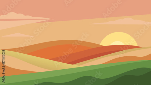 A vibrant cartoon landscape with rolling hills and majestic mountains under a picturesque sky, featuring lush green grass, a warm sun, and scattered clouds