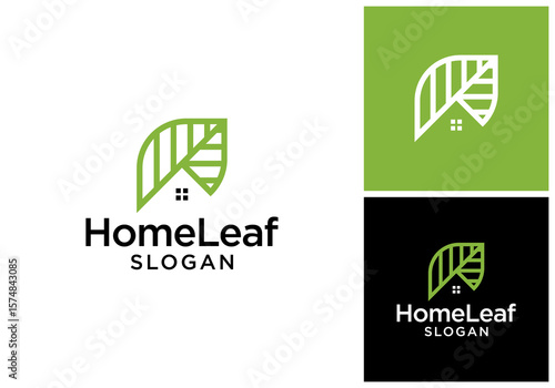 House leaf vector logo design with minimalist line art