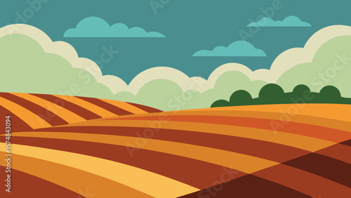 Vibrant vector landscape illustration: rolling hills and mountains under a colorful sky, capturing the essence of nature's beauty from sunrise to sunset