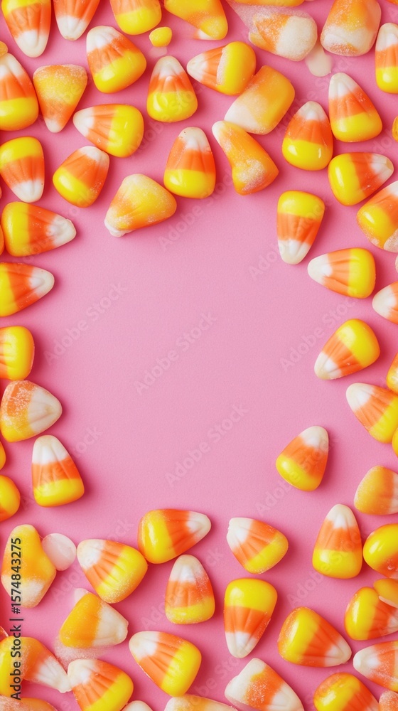 Obraz premium Vibrant candy corn pieces scattered artfully on a soft pink background, creating a playful and symmetrical autumn-themed composition with sweet triangular treats