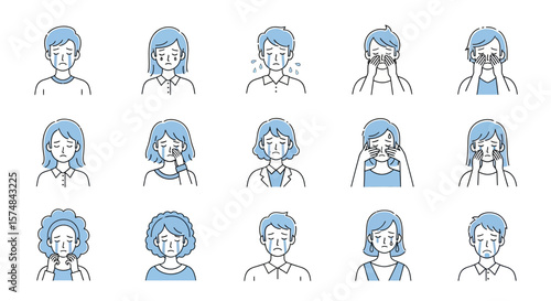 Crying People Icons Diverse Emotional Expressions in Blue Line Art.
