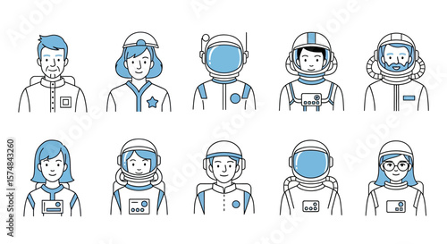Diverse Astronaut Team Line Art Portraits of Men and Women in Space Suits and Casual Wear.