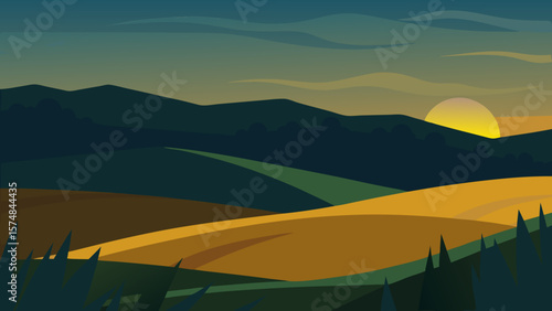 Serene summer sunset over a vast mountain landscape with a colorful sky and green fields