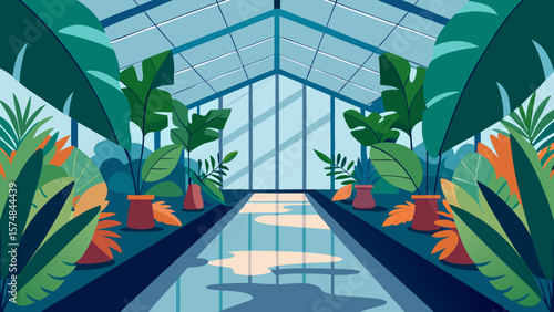 Modern architecture featuring glass interiors with lush indoor plants and natural light in a hotel, house, or tropical resort setting