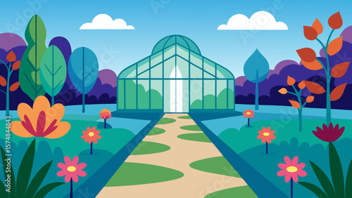 Blooming gardens with diverse plants and impressive architecture under a summer sky