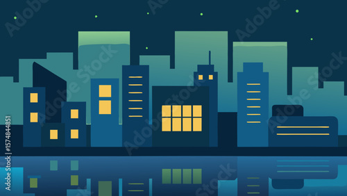 Urban cityscape at night with illuminated buildings and a sprawling skyline