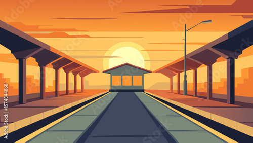 Old concrete railway bridge with stone columns at sunset