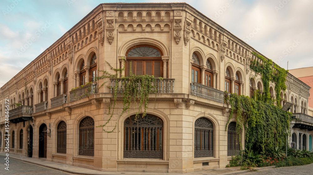 Fototapeta premium Ornate corner building with arched windows and lush greenery