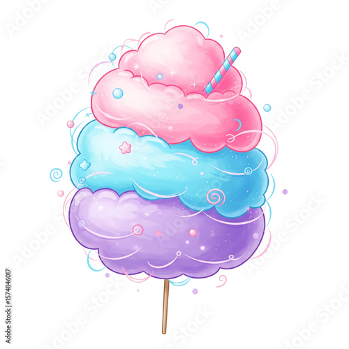 colorful cotton candy illustration with pink blue and purple swirls on transparent background