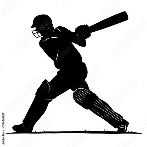 silhouette of cricket batsman hitting powerful shot with bat on transparent background