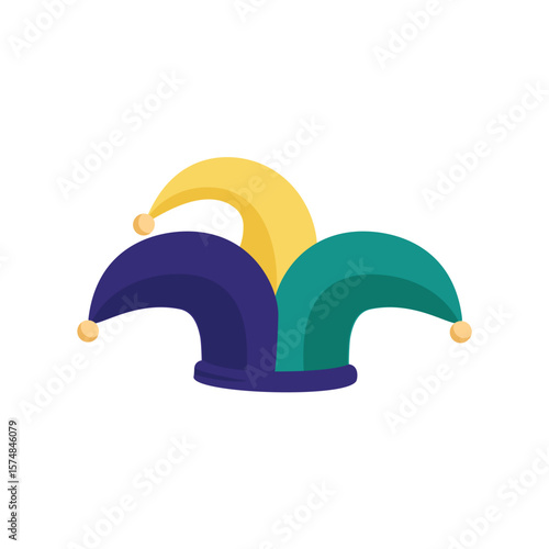 Blue and yellow jester fool hat icon. Circus jester fool hat isolated on white background. Humor and tomfoolery for comedy performance. Vector illustration