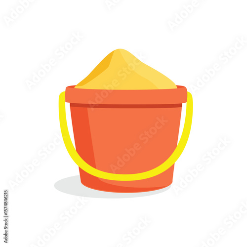 Orange plastic bucket with sand isolated on white background. Summer holidays, vacation concept. Children play on beach. Recreation and entertainment. Cartoon kid toy bucket