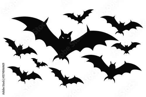 Spooky Group of Black Bat Silhouettes Flying on a White Background for Halloween Decor