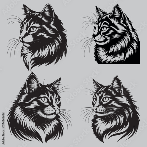 Elegant Cat Head Illustrations Black and White Vector silhuette cricut Art