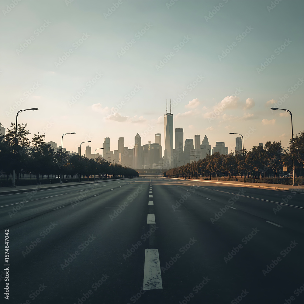 Naklejka premium The morning scene features an asphalt road square, city skyline, and modern buildings in a picturesque landscape.