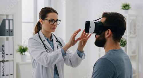 Female doctor examines patient using virtual reality headset