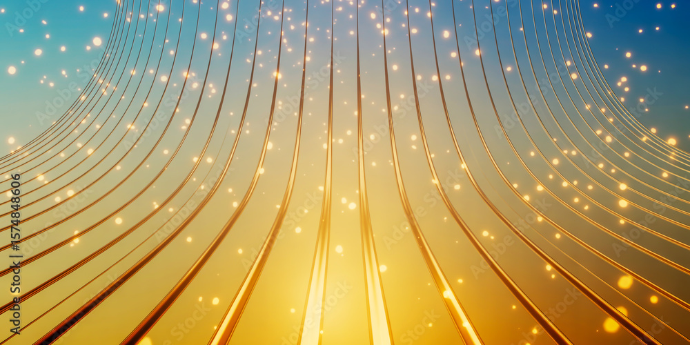 Obraz premium Golden ribbons with sparkling lights against a gradient sky