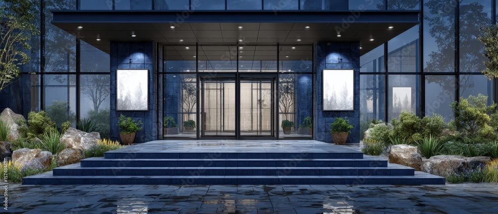 Obraz premium Modern Entrance of High-Tech Company with Digital Displays and Lush Green Landscaping at Dusk