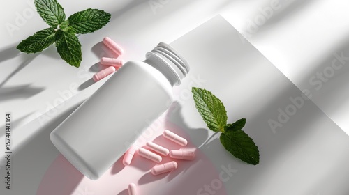 Minimalist composition showcasing a white bottle, pink capsules, and fresh green mint leaves on a modern geometric surface under soft natural light.