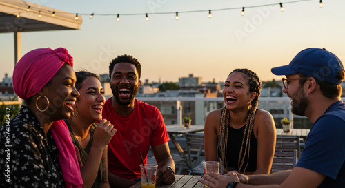 Diverse friends laughing and enjoying drinks on a rooftop at sunset