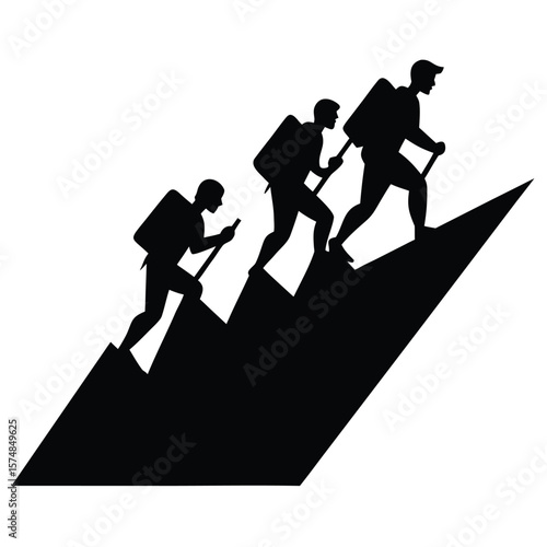 Three hikers ascend a mountain peak hiking mountain climbing