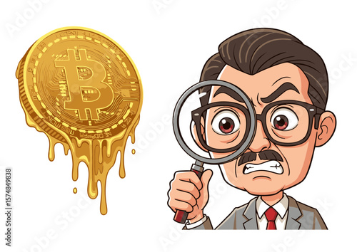 Bitcoin Coin Melting with Dripping Gold Being Examined Closely.