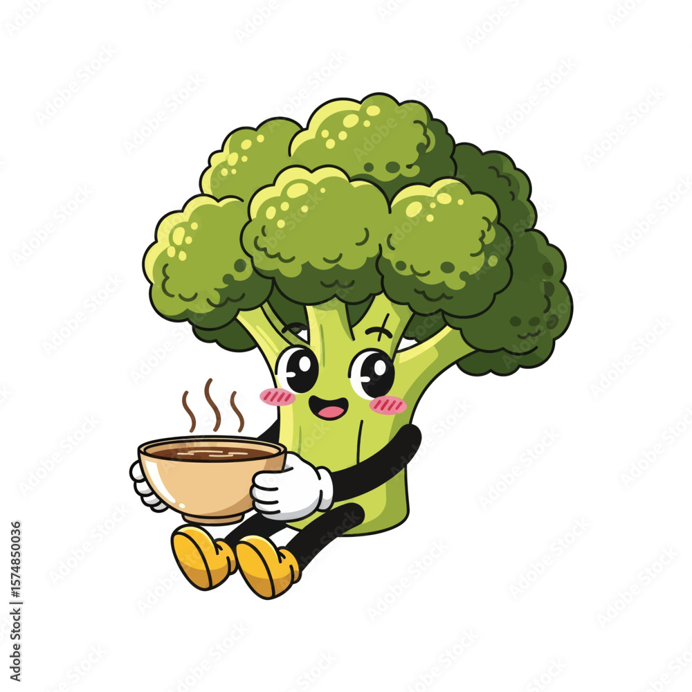 Happy Broccoli Character Drinking Hot Soup Vector Illustration Happy Broccoli Character Drinking Hot Soup Vector Illustration