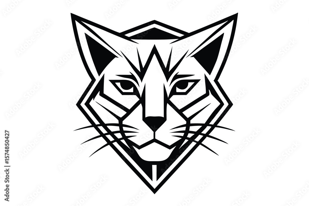 Fototapeta premium A stylized black and white bobcat head is framed within a geometric design