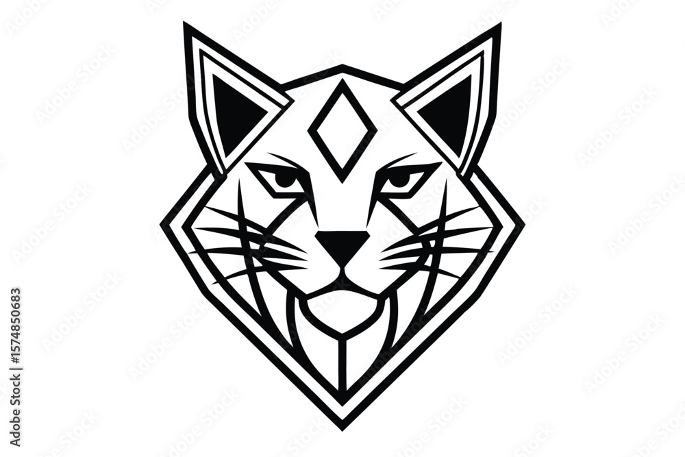 Fototapeta premium Minimalistic cat head logo is outlined in black with geometric detail that is abstract