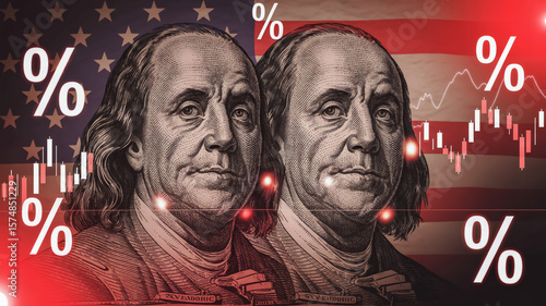 Benjamin franklin and the u s flag with financial market data