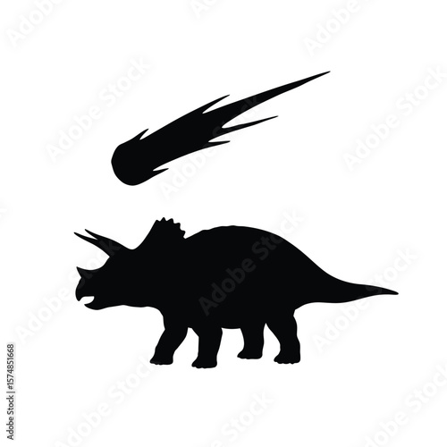 Black silhouette of a triceratops and a comet on white