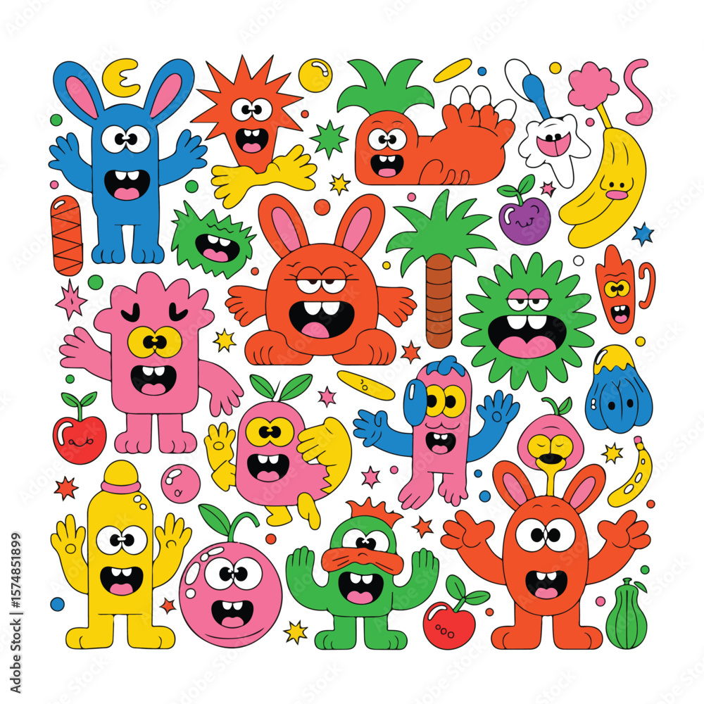 Naklejka premium Colorful cartoon monsters and fruits on white background