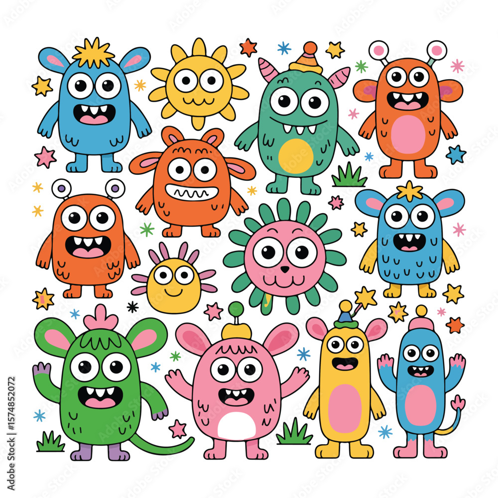 Fototapeta premium Colorful cartoon monsters and sun characters cute funny