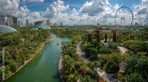 Aerial view of gardens by the bay in singapore with river, trees, ferris wheel, and city skyline behind