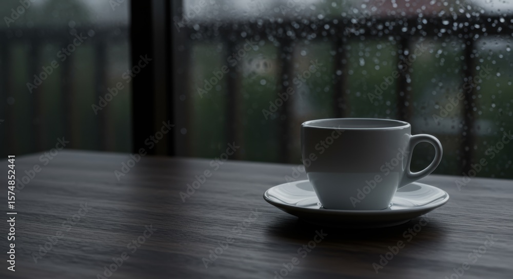 Fototapeta premium Rainy day tranquility captures the essence of coffee time indoors a cozy scene perfect for creating a relaxing atmosphere