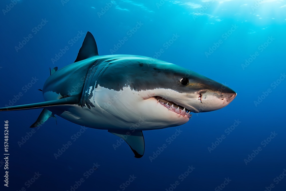 Fototapeta premium Majestic Great White Shark Cruises Through Deep Blue Ocean Waters