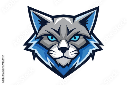 Fierce stylized gray and blue lynx stares intently with bright blue eyes forward