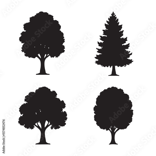 4 realistic trees with full leafy canopies in fill black color only
