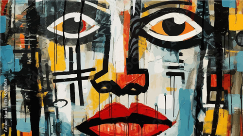 Abstract vector illustration of a face with an astonished expression, wide eyes and big red lips.