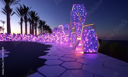 Illuminated Neon Geometric Structure At Sunset With Hexagonal Pavement Palm Trees And Purple Glowing Lights