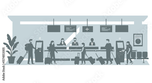 Airport Check-In Scene with Passengers and Staff in Gray Silhouette Style