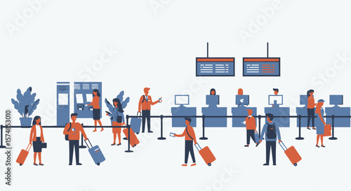 Airport Scene with Passengers and Staff in Flat Vector Illustration