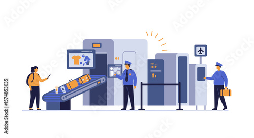 Airport Security Checkpoint with Luggage Scanner and Security Personnel