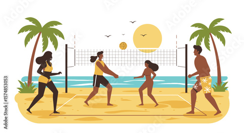 Beach Volleyball Game with Diverse Players, Net, Palm Trees, and Sunny Sky