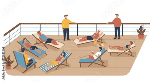 Cruise ship deck scene with people relaxing in lounge chairs and reading books.