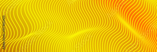 Abstract futuristic yellow and orange wave with moving dots. Flow of particles with glitch effect. Ideal vector graphics for brochures, flyers, magazines, business cards and banners. Vector.