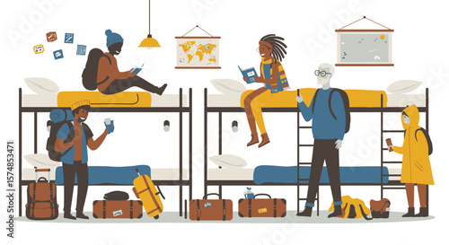 Diverse Group of Backpackers in a Hostel Dormitory with Bunk Beds