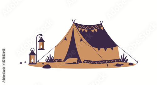 Illustrated Camping Tent with Lanterns, Decorated with Pennants and Geometric Patterns